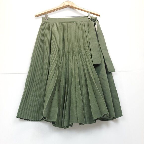 3.1 Phillip Lim Wool Blend Pleated Tie Waist A-Line Skirt in Army Green - Picture 10 of 11
